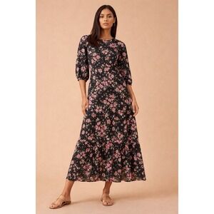 ZOEY + OLIVER Black Floral Midi Dress Pink Tulip Print Puff Sleeve Size Small